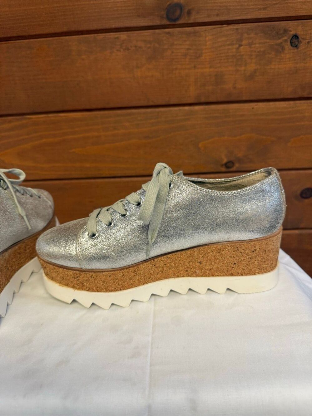 Steve Madden Korrie silver wedge shoes metallic finish cork platform Sz 8 - Picture 5 of 8